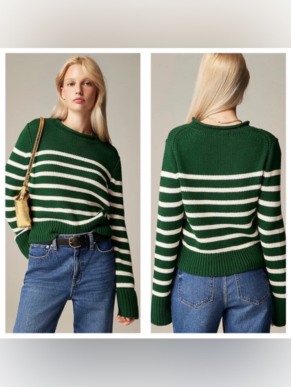 J. Crew Green and White Striped Crewneck Sweater